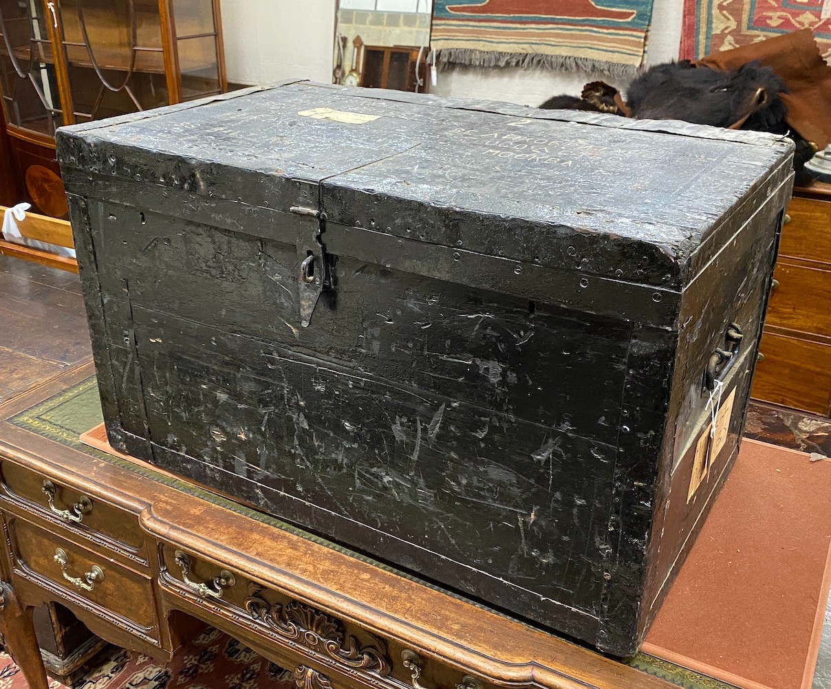 A 19th century iron bound travelling trunk, width 88cm, depth 53cm, height 53cm